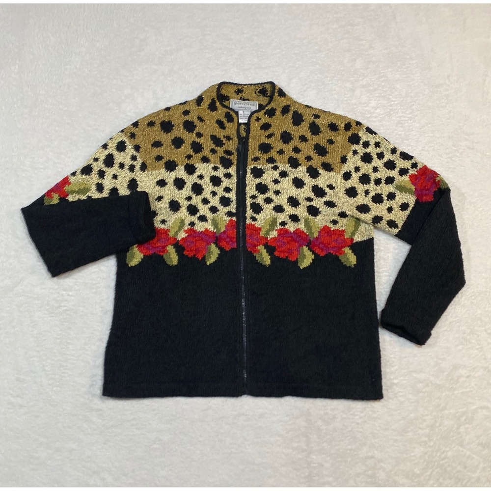 South Cotton Hand Knitted Leopard Floral Zip Up Cardigan Sweater Womens Large